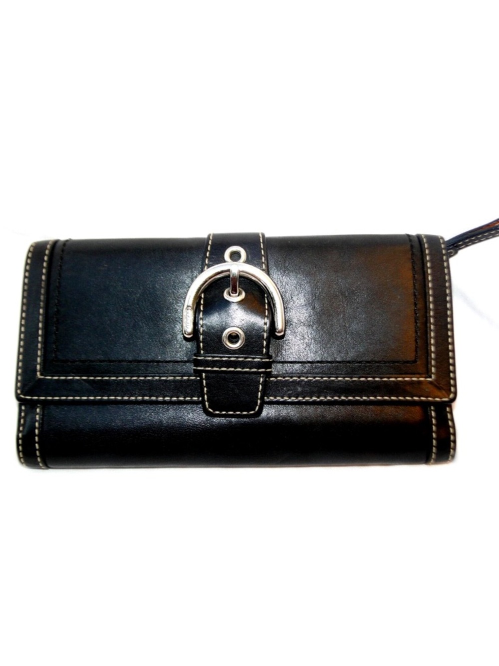 Vintage Coach Black Leather Single Stitch Silver Buckle Tri-Fold SoHo Wallet